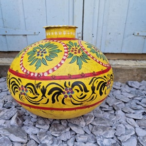 Vintage Large Indian Metal Hand Painted Riveted Water Bowl Pot Vase