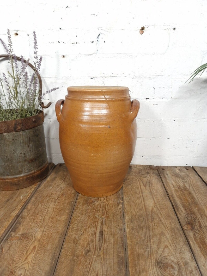 Large Antique French Stoneware Glazed Confit Pot with Lid Bild 1