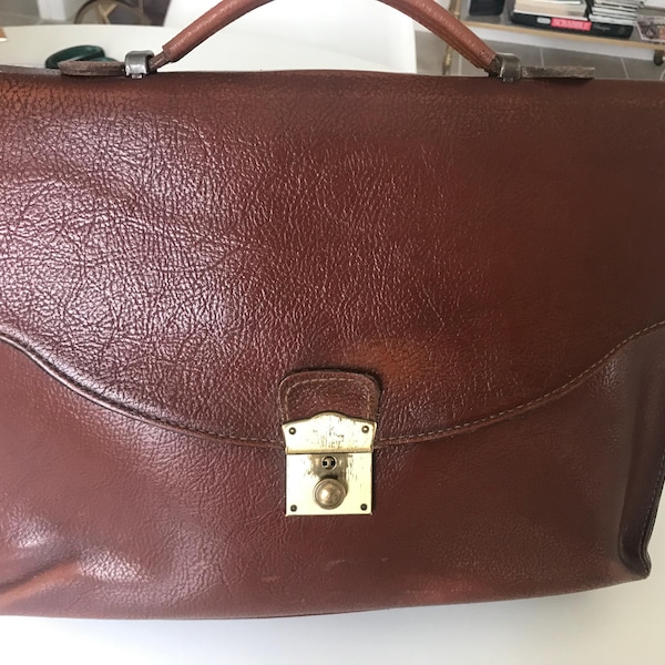 French tan leather vintage briefcase