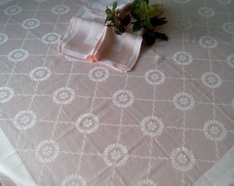 French Vintage satin damask pale pink tablecloth and napkins