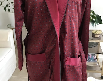 French Vintage Burgundy and navy smoking jacket - dressing gown