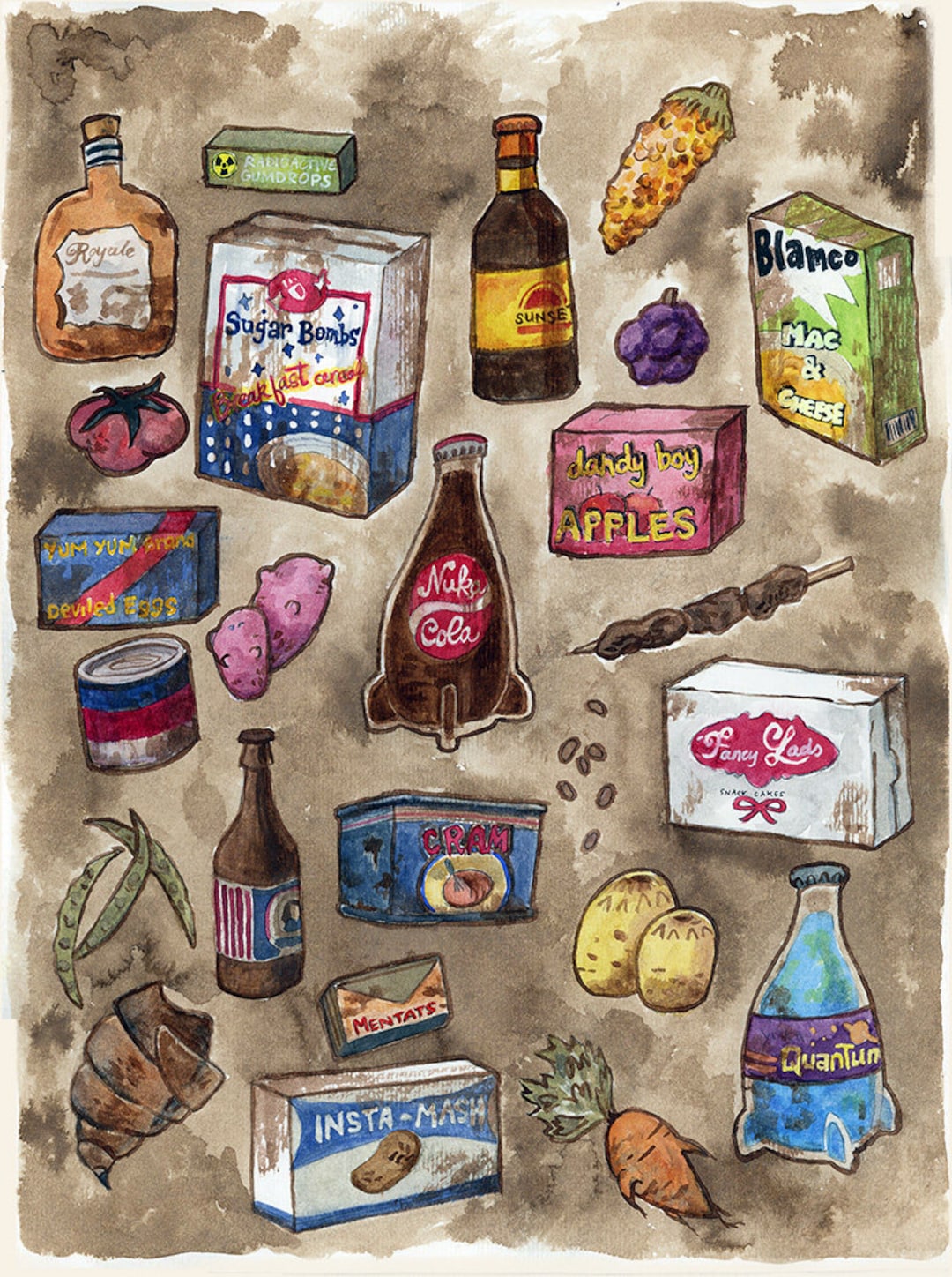Foods of Fallout Print Original Watercolor Illustration 8x10 Art Print