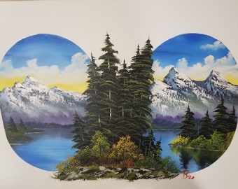 double oval mountain bob ross style oil painting 18x24