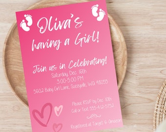 Baby Shower Invitation, It's a girl, Fully editable invitation for you to customize