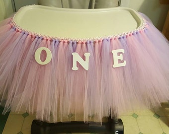 Deluxe Pink lavender Tulle High Chair Tutu skirt- First birthday party decoration for girls- Fluffy Banner Cake Smash princess ballerina