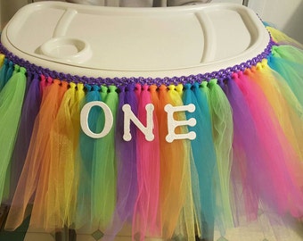 HIGH CHAIR TUTU, High Chair Banner, tulle table skirt, cake smash, Rainbow decoration, Princess 1st first birthday party girls party decor