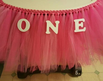 Deluxe Pink Tulle High Chair Tutu skirt- First birthday party decoration for girls- Fluffy High Chair Banner- Cake Smash prop princess party