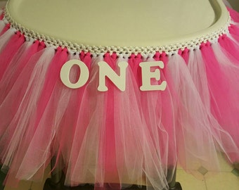 HIGH CHAIR TUTU Deluxe Pink Tulle tulle skirt- First birthday party decoration for girls- Fluffy Birthday Banner- Cake Smash prop Princess
