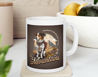 MOUNTAIN DOG MUG - 11oz Ceramic Coffee Mug with Mountain Climbing Theme White with Brown Gift for Outdoorsman Adventurer Climber or Hiker