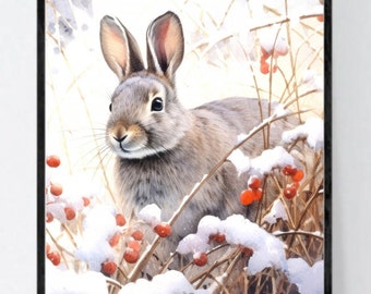 Home Decor wall Art Art Print RABBIT IN SNOW 8x10 Inches Framed or Unframed Gift for Rabbit Lovers, Animal Lovers, Children, Boy or Girl