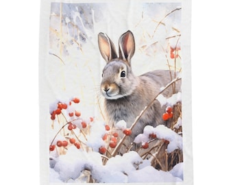 Plush Blanket with Winter Snow Scene of Rabbit and Red Berries Cozy Warm Blanket in 3 Sizes Home Decor Gift for Her