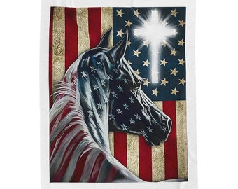 PLUSH BLANKET with Horse and American Flag Design in Red White and Blue for Home Decor or Gift for Horse Lover Gift for Him or Her