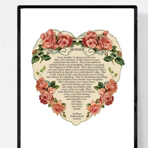 Floral Mother Poem Art Print: Tribute to Mom, 8x10 (Framed or Unframed)