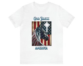 GOD BLESS AMERICA Unisex T Shirt with American Flag and Horse Design in Red White and Blue for Horse Lovers and Gift for Him or Gift for Her