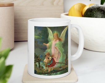 GUARDIAN ANGEL MUG - 11 oz Ceramic Coffee Mug White with Angel and Children Design Gift for Mom Sister Girlfriend or Birthday Gift for Her