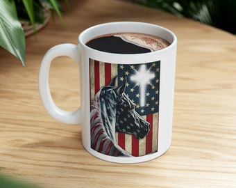 HORSE MUG 11 oz Coffee Mug White with Red and Blue Design Gift for Horse Lovers Moms Dads Owners Riders Equestrians Flag or Cross Coffee Cup