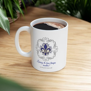 Mardi Gras Coffee Mug: Fleur de Lis Design, 11oz Ceramic Cup