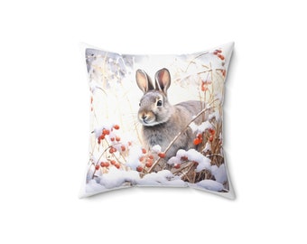 Rabbit in the Snow Pillow 14 x 14 Inches Print on Front of Removable Cover for Home Decor or Gift for Animal Lovers