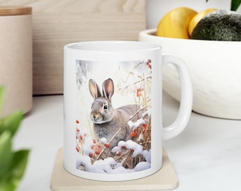 Rabbit in the Snow Mug 11 oz White Ceramic Coffee Cup Gift for Friends and Family or Gift for Him or Her