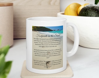 Footprints in the Sand Coffee Mug 11 oz White Ceramic Beach Scene Background Christian Poem Gift for Family or Friends Gift for Him or Her