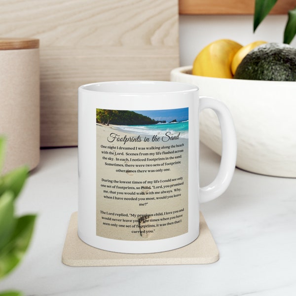 Footprints in the Sand Coffee Mug 11 oz White Ceramic Beach Scene Background Christian Poem Gift for Family or Friends Gift for Him or Her