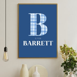 Custom Kids Nursery Art Blue Ginham Decor / Kids Print / Custom Letter Print / Baby Name Sign / Monogram / Baby Nursery Art / Letter Art