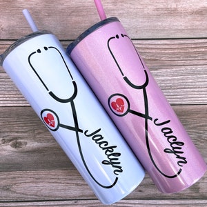 Nurse Personalized Tumbler, Tumbler with Straw, Stethoscope, RN, Nurse Gift, Doctor Gift, Nurse Assistant, Heartbeat Nursing Student image 5