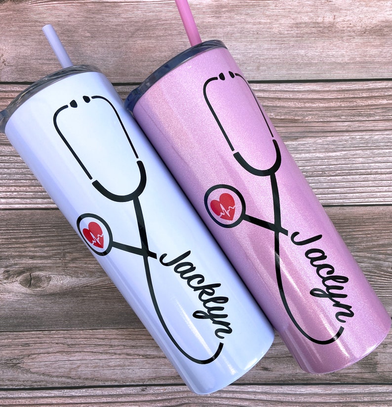 Nurse Personalized Tumbler, Tumbler with Straw, Stethoscope, RN, Nurse Gift, Doctor Gift, Nurse Assistant, Heartbeat Nursing Student image 5