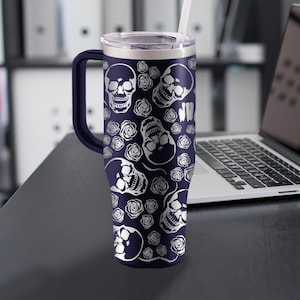 Personalized Skull & Rose Skinny Tumbler, Lead-Free Mug, Laser Engraved Tumbler, Engraved Tumbler, Tumbler with Handle, Gifts for Women