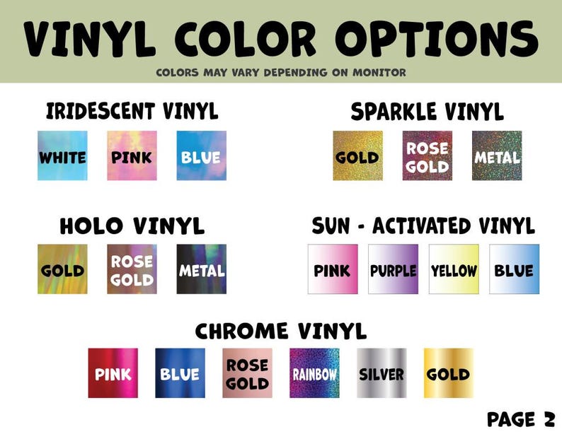 Puede incluir: Un gr&aacute;fico que muestra diferentes opciones de color de vinilo para proyectos de manualidades. Las opciones incluyen vinilo iridiscente, brillante, hologr&aacute;fico, activado por el sol y cromado. Los colores incluyen blanco, rosa, azul, dorado, oro rosa, metal, morado, amarillo, arco&iacute;ris y plateado.
