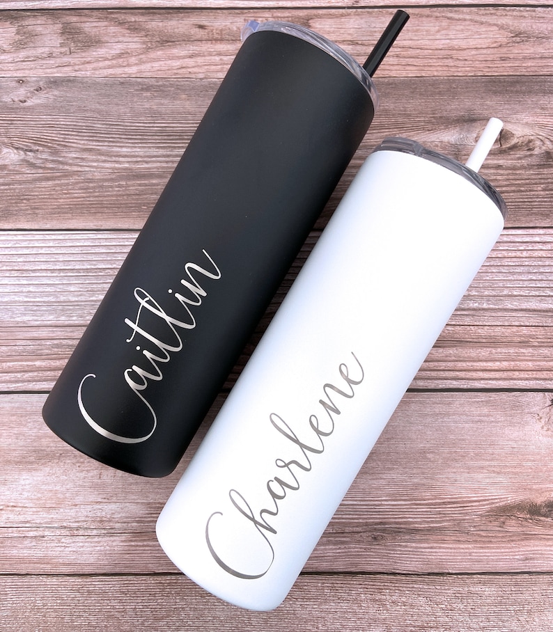 Laser Engraved Personalized 20 oz Skinny Tumbler, Personalized Tumbler, Custom Tumbler with Straw, Bridesmaid Gift, Mother's Day Gift image 6