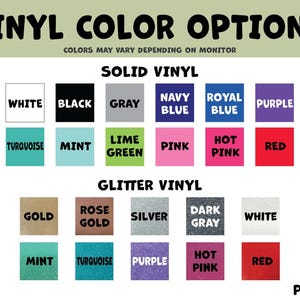 Puede incluir: Un gr&aacute;fico que muestra las opciones de color de vinilo para proyectos de manualidades. El gr&aacute;fico est&aacute; dividido en dos secciones: Vinilo s&oacute;lido y Vinilo brillante. Los colores incluyen blanco, negro, gris, azul marino, azul real, morado, turquesa, menta, verde lima, rosa, rosa intenso, rojo, dorado, dorado rosa, plateado, gris oscuro y blanco.