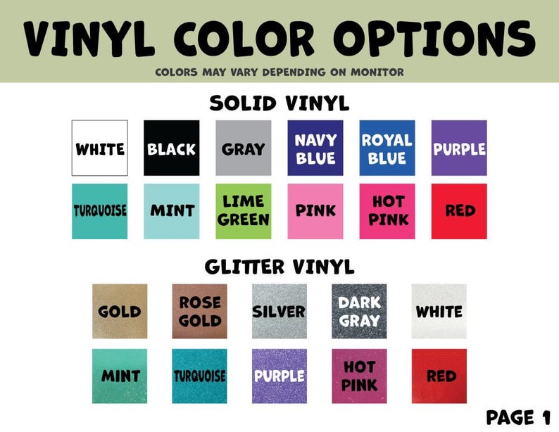 Puede incluir: Un gr&aacute;fico que muestra las opciones de color de vinilo para proyectos de manualidades. El gr&aacute;fico est&aacute; dividido en dos secciones: Vinilo s&oacute;lido y Vinilo brillante. Los colores incluyen blanco, negro, gris, azul marino, azul real, morado, turquesa, menta, verde lima, rosa, rosa intenso, rojo, dorado, dorado rosa, plateado, gris oscuro y blanco.