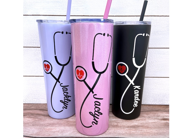 Nurse Personalized Tumbler, Tumbler with Straw, Stethoscope, RN, Nurse Gift, Doctor Gift, Nurse Assistant, Heartbeat Nursing Student image 1