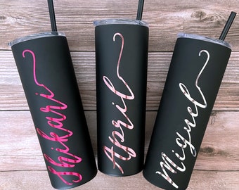 Custom Black Tumbler with Straw, Personalized 20 oz Skinny Tumbler, Bridesmaid, Bridal Party Gift, Teacher's Gift