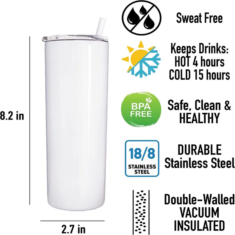 Puede incluir: Un vaso de acero inoxidable blanco con tapa transparente y pajita. Tiene 8,2 pulgadas de alto y 2,7 pulgadas de ancho. El vaso es de doble pared y aislado al vac&iacute;o, manteniendo las bebidas calientes durante 4 horas y fr&iacute;as durante 15 horas. Tambi&eacute;n es libre de sudor, libre de BPA y est&aacute; hecho de acero inoxidable 18/8.