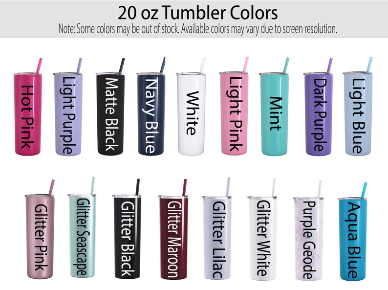 Puede incluir: Veinte colores de vasos de 20 onzas, incluyendo rosa caliente, morado claro, negro mate, azul marino, blanco, rosa claro, menta, morado oscuro, azul claro, rosa brillante, azul marino brillante, negro brillante, marr&oacute;n brillante, lila brillante, blanco brillante, geoda morada y azul aguamarina.
