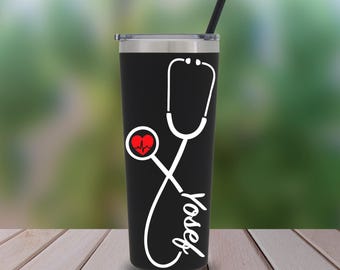 Nurse Personalized Tumbler, Tumbler with Straw, Stethoscope, RN, Nurse Gift, Doctor Gift, Nurse Assistant, Heartbeat Nursing Student