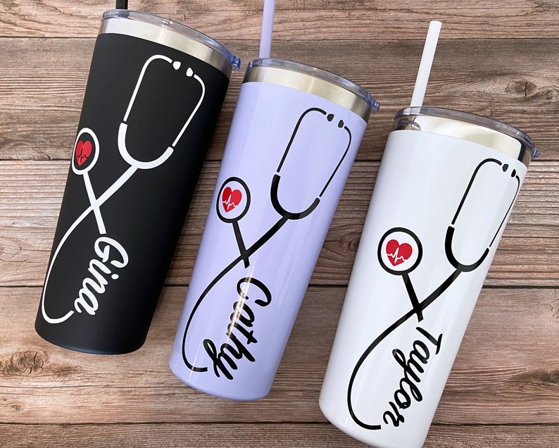 Nurse Personalized Tumbler, Tumbler with Straw, Stethoscope, RN, Nurse Gift, Doctor Gift, Nurse Assistant, Heartbeat Nursing Student image 3