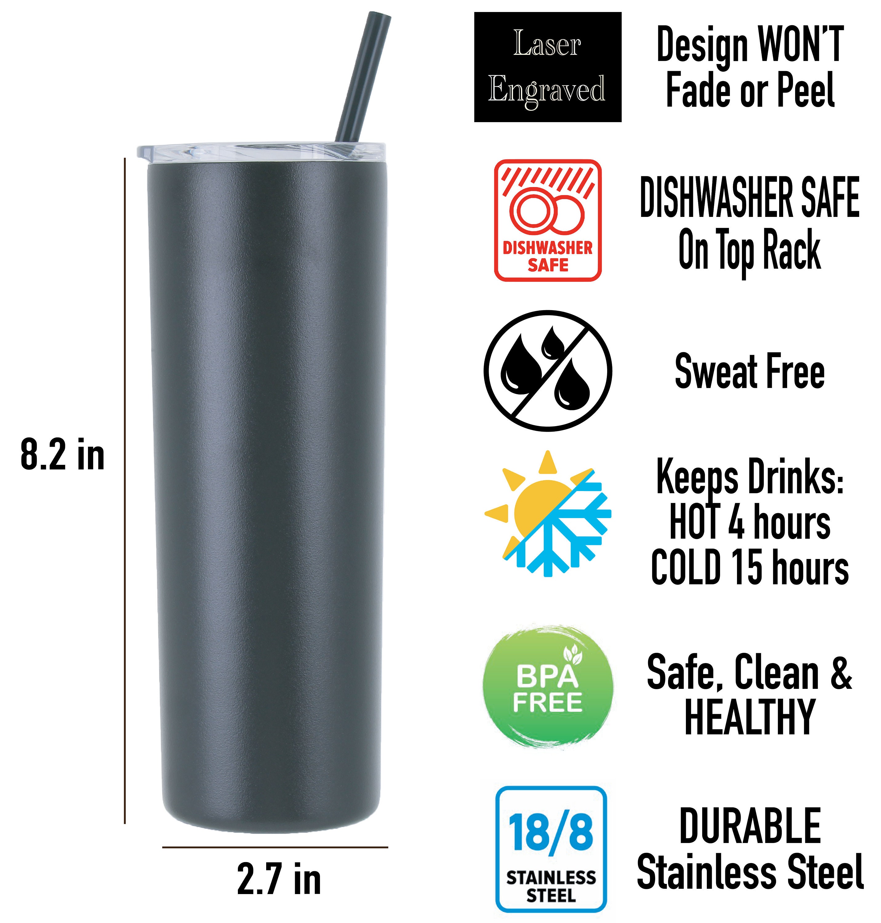 Engraved Stainless Steel Tumbler With Straw NOT a Cheap Sticker  Personalized Stainless Cup Skinny Tumbler 20 Oz Double Wall Tumbler 