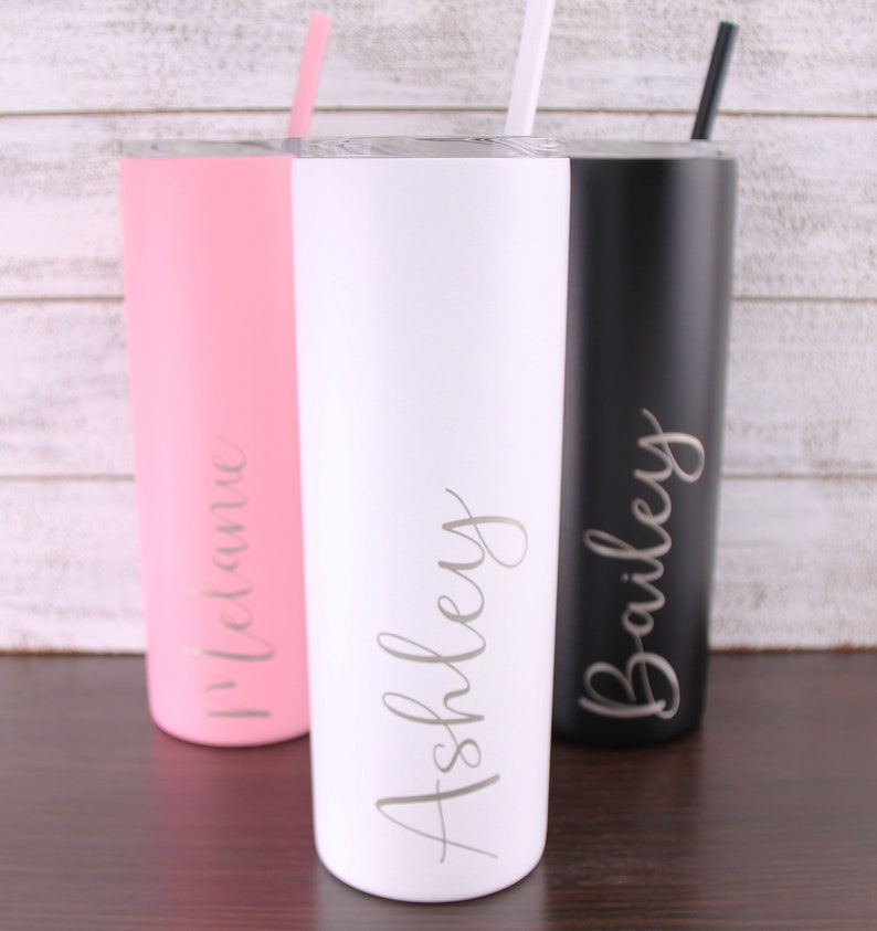 Laser Engraved Personalized 20 oz Skinny Tumbler, Personalized Tumbler, Custom Tumbler with Straw, Bridesmaid Gift, Mother's Day Gift image 5