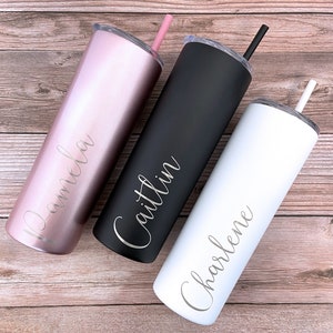 Laser Engraved Personalized 20 oz Skinny Tumbler, Personalized Tumbler, Custom Tumbler with Straw, Bridesmaid Gift, Mother's Day Gift image 1