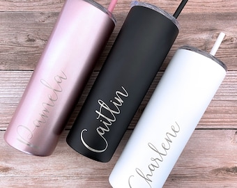 Laser Engraved Personalized 20 oz Skinny Tumbler, Personalized Tumbler, Custom Tumbler with Straw, Bridesmaid Gift, Mother's Day Gift