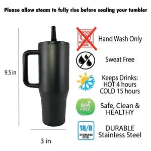 May include: Black stainless steel travel mug with a handle and a lid. The mug is 9.5 inches tall and 3 inches wide. It is sweat-free and keeps drinks hot for 4 hours and cold for 15 hours. It is BPA-free and made of 18/8 stainless steel. Hand wash only.