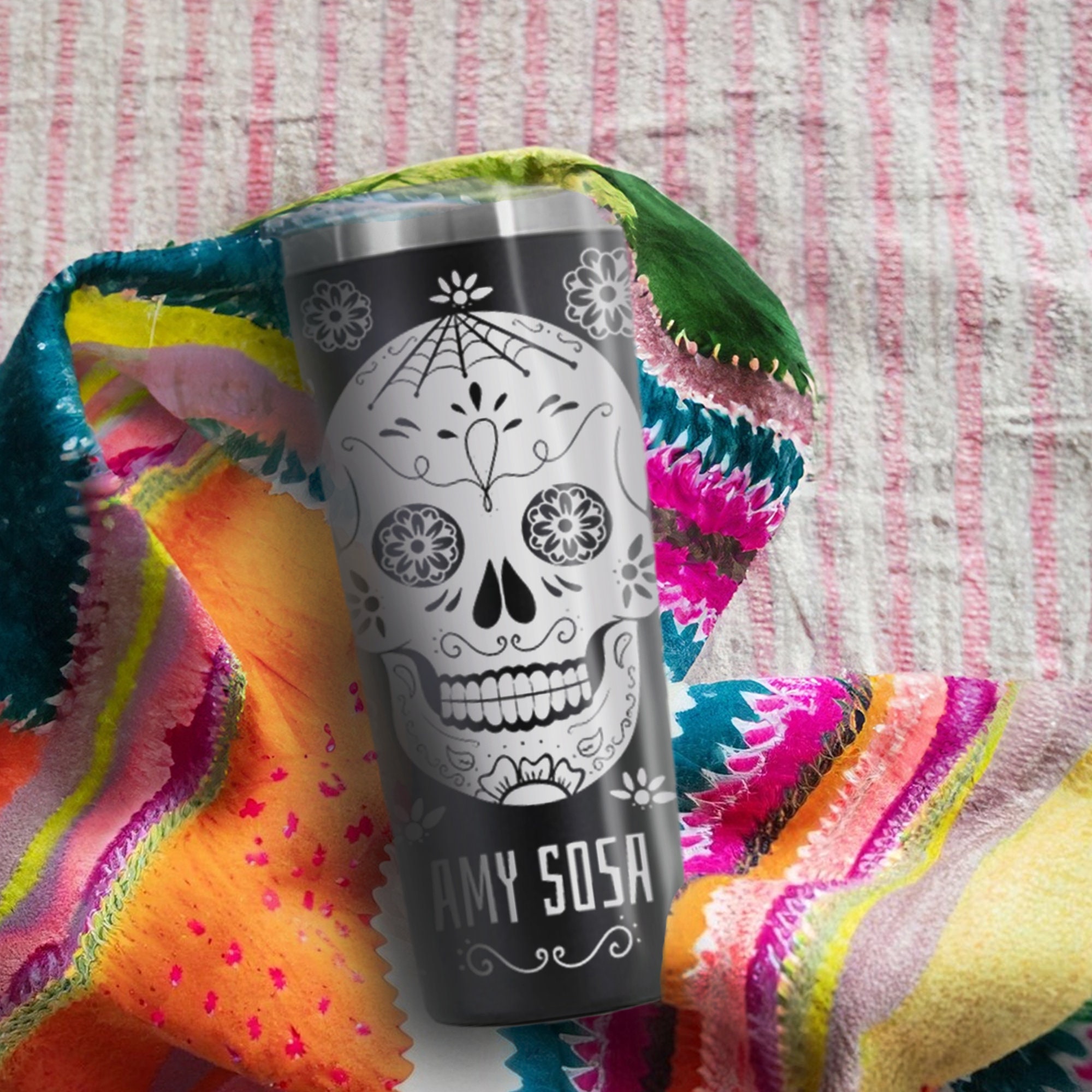 Vaso de calavera de azúcar personalizado: Días de los Muertos grabados con láser