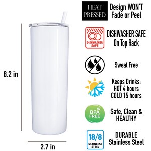 Pode incluir: Um copo de a&ccedil;o inoxid&aacute;vel branco com uma tampa transparente e um canudo. O copo tem 8,2 polegadas de altura e 2,7 polegadas de di&acirc;metro. &Eacute; prensado a quente e &eacute; adequado para lava-lou&ccedil;as. O copo tamb&eacute;m &eacute; anti-suor e mant&eacute;m as bebidas quentes por 4 horas e frias por 15 horas. &Eacute; feito de a&ccedil;o inoxid&aacute;vel 18/8 e &eacute; livre de BPA.