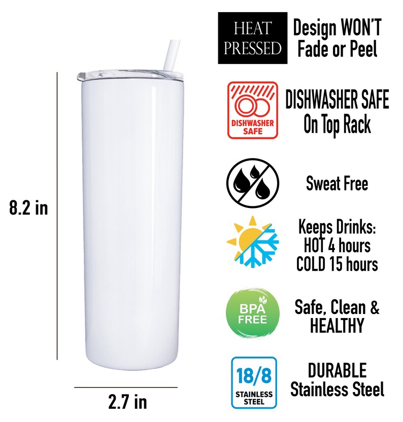 Pode incluir: Um copo de a&ccedil;o inoxid&aacute;vel branco com uma tampa transparente e um canudo. O copo tem 8,2 polegadas de altura e 2,7 polegadas de di&acirc;metro. &Eacute; prensado a quente e &eacute; adequado para lava-lou&ccedil;as. O copo tamb&eacute;m &eacute; anti-suor e mant&eacute;m as bebidas quentes por 4 horas e frias por 15 horas. &Eacute; feito de a&ccedil;o inoxid&aacute;vel 18/8 e &eacute; livre de BPA.