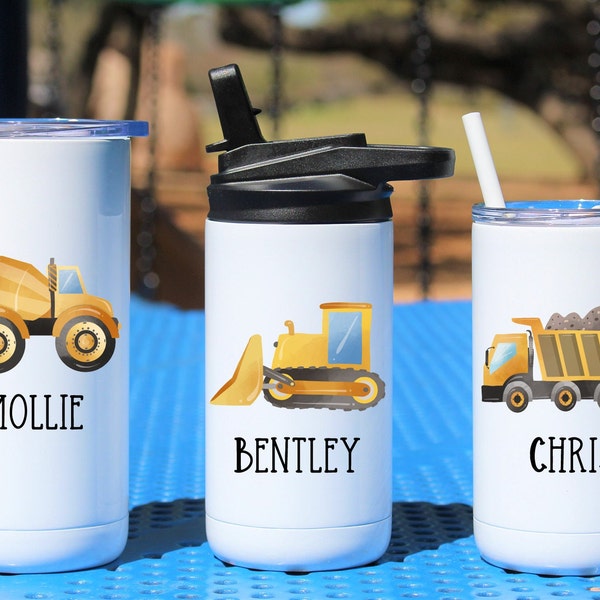 Construction Water Bottle for Kids, Dump Truck Kids Water Bottle, Bulldozer Tumbler for Kids, Tumbler for Boys, Personalized Water Bottle