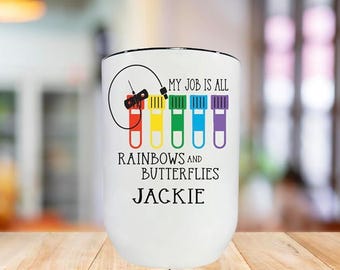 Personalized Phlebotomy Tumbler: Rainbows and Butterflies, Nurse Gift