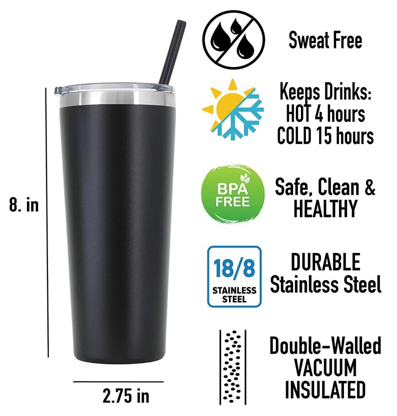 Puede incluir: Un vaso de acero inoxidable negro con tapa y pajita. Tiene 8 pulgadas de alto y 2,75 pulgadas de ancho. El vaso es de doble pared y aislado al vac&iacute;o, manteniendo las bebidas calientes durante 4 horas y fr&iacute;as durante 15 horas. Tambi&eacute;n es libre de sudor, libre de BPA y est&aacute; hecho de acero inoxidable 18/8.